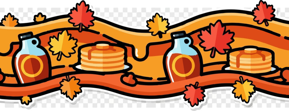 A cheerful border of pancakes with syrup and maple leaves