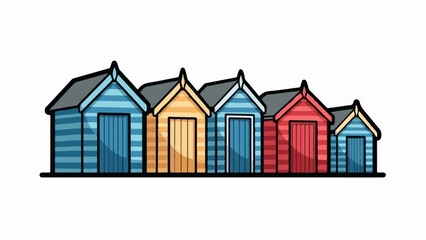 A line of colorful, cartoon-style beach huts with striped exteriors