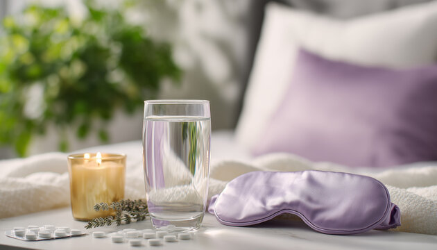 Sleep mask, glass of water and supplements for fight against insomnia and stress on nightstand in cozy bedroom