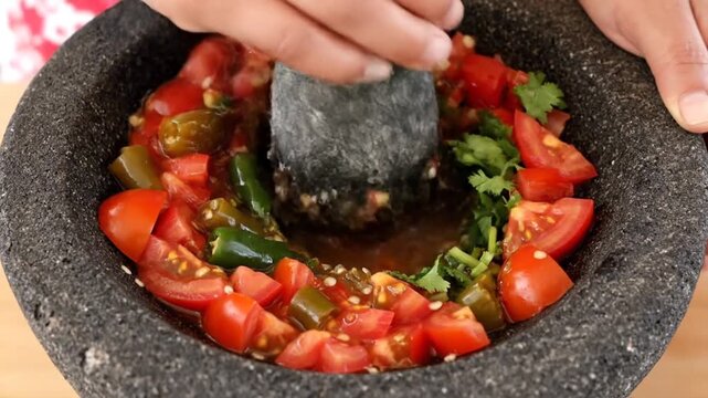 Making Salsa in a Molcajete with Tomatoes Cilantro Jalape?os and Crushed Pepper Seeds on a Table