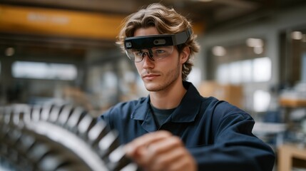 A young engineer inspecting turbine components using augmented reality glasses, holographic diagnostics floating around the nacelle — smart energy technology, predictive maintenance, and