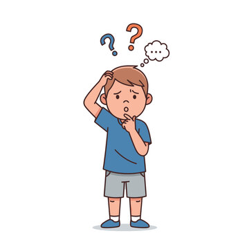 Confused Boy Thinking with Question Marks Above Head, Cartoon Illustration