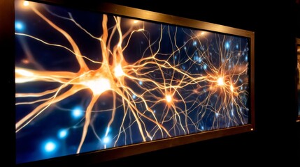 Large digital screen displaying a glowing neural network with interconnected bright lines in a modern tech laboratory, sleek metallic surfaces and ample copy space on right side