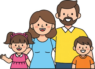 A cheerful cartoon family of four, parents and two young children, stand together smiling warmly, with a daughter waving
