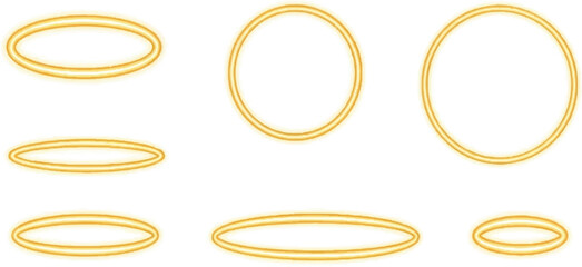 A collection of six bright yellow halos or rings of light are scattered