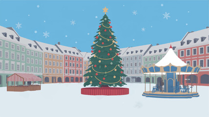 Charming Winter Holiday Scene in a European Town Square with a Decorated Christmas Tree, Carousel, and Market Stalls Under Falling Snow