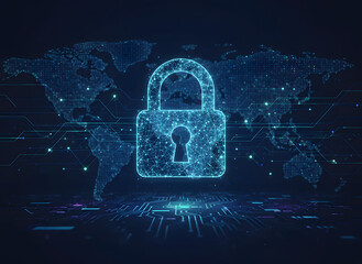 Global data protection and network security interface with abstract neon lock icon.