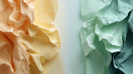 Soft pastel abstract background with textured crumpled paper effect in peach, mint, and light green tones with romantic gradient and ample copy space for design