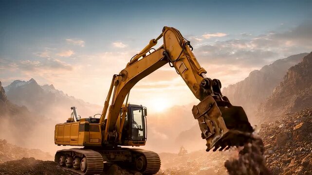 Heavy excavator operating in rocky mountain landscape at sunrise with powerful machinery shaping terrain for construction and earthmoving projects