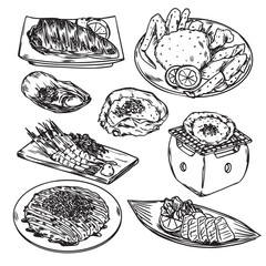 Hand drawn Japanese cuisine fresh seafood and grilled dish outline drawing illustration