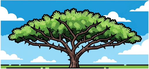 A cartoon-style thorny tree with lush green leaves stands against a bright blue sky and clouds © Billy