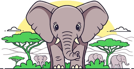 A cheerful elephant family enjoys a sunny day in the savanna with trees and hills © Bobi