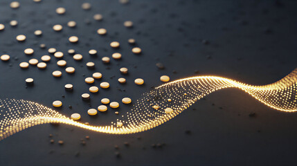Abstract composition showing Braille dots transforming into glowing light particles that form flowing waves of knowledge on a dark background