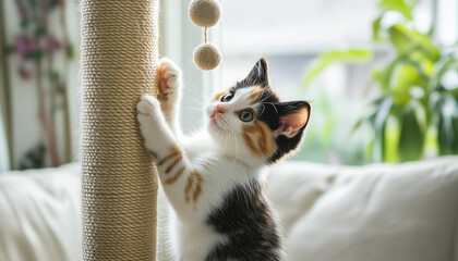 Calico kitten play with ball toy, scratching post in a bright, cozy living room. Concept of pet care, importance of engaging pets