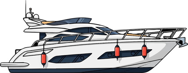 A modern white motor yacht with blue windows and red fenders