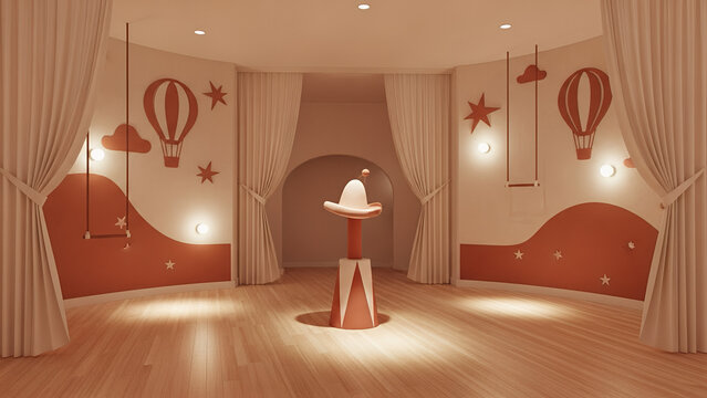 Charming circus interior featuring an elegant tent design with soft colors and playful animal motifs in a whimsical setting