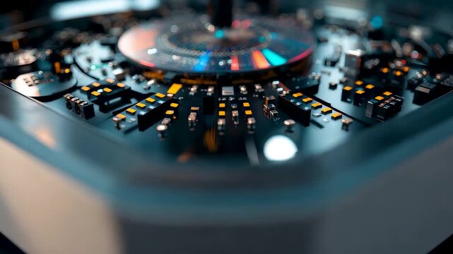 Professional audio mixing console with illuminated controls and precision dials used for music production, sound engineering and live performance setup