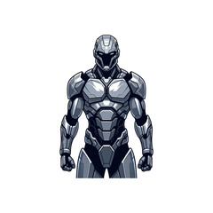 Futuristic armored warrior standing in a metallic pose, showcasing advanced technology and sleek design