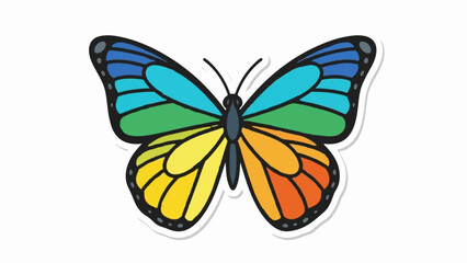 A colorful butterfly with wings in shades of blue, green, yellow, and orange
