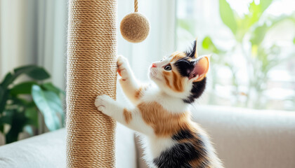 Naklejka na ściany i meble Calico kitten play with ball toy, scratching post in a bright, cozy living room. Concept of pet care, importance of engaging pets
