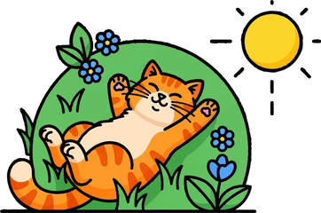 A cheerful orange tabby cat lounges on its back in the grass under a bright yellow sun