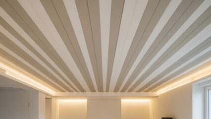 Minimalistic interior with stylish striped ceiling and bright, airy atmosphere on blank walls