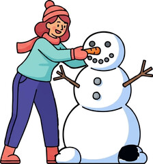 A cheerful person wearing winter clothes adds a carrot nose to a freshly built snowman, enjoying a snowy day