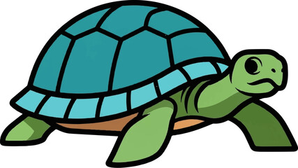 A charming cartoon green turtle with a vibrant teal shell, depicted in a friendly side view on a white background