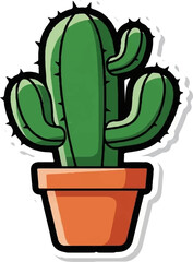 A charming cartoon green cactus with sharp spines in an orange pot, featuring a white outline