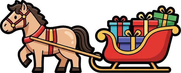 A charming cartoon horse with a harness pulling a red sleigh overflowing with colorful, wrapped Christmas presents