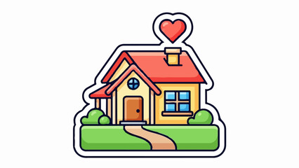 A charming cartoon house with a red roof, yellow walls, and a heart above the chimney, set on green grass with a path