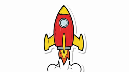 A cheerful red and yellow cartoon rocket, mid-launch with fire and smoke, on a white background