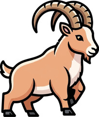 A charming cartoon ibex with large curved horns stands on a white background, depicted in a playful style