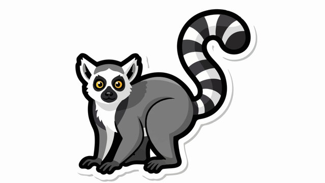 A cartoon ring-tailed lemur with yellow eyes and a striped tail sits alertly