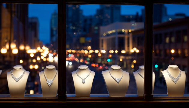 Jewelry store window, Modern storefront displays with warm lighting, necklace presentations. Concept of showcasing visual merchandise techniques