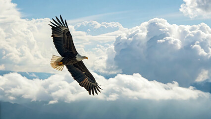 Obraz premium Eagle glides through the clouds in the bright sky during the daytime showing its wings wide open