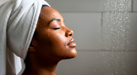 Fototapeta premium Woman enjoying a refreshing shower with water droplets on her face