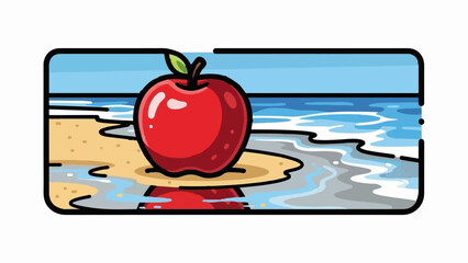 A glossy red apple sits on a sandy beach with gentle waves washing ashore