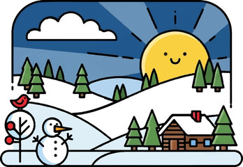 A cheerful winter landscape illustration with a smiling sun, snowy hills, pine trees, a cabin, snowman, and bird