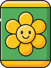 A cheerful yellow flower with a smiling face blooms on a green background within a yellow border