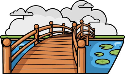 A charming cartoon illustration of a curved wooden bridge over a pond with lily pads, under cloudy skies