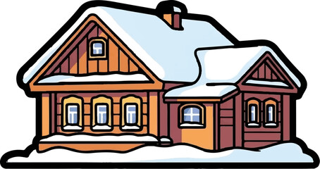 A charming cartoon illustration of a cozy wooden house with a snow-covered roof and wintery surroundings