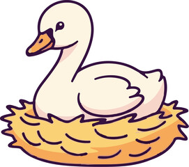 A charming cartoon illustration of a fluffy white duckling nestled warmly within a textured yellow nest