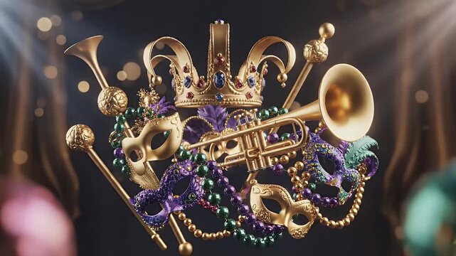 Mardi Gras luxury banner with symbolic elements floating on dark background with glossy gold and ceramic textures