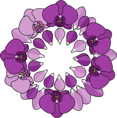 A circular arrangement of purple and pink orchid flowers and petals