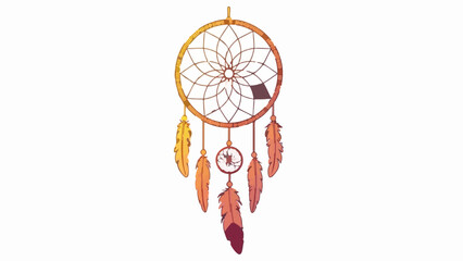 A circular dreamcatcher with intricate web, adorned with colorful feathers