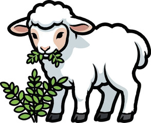 A charming cartoon lamb with fluffy white wool eats green leaves from a bush
