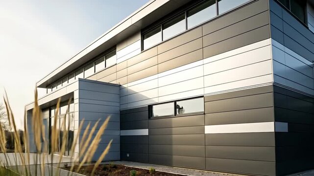 Modern building featuring a gray and silver facade with clean lines and geometric design.