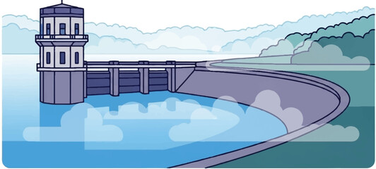 A graphic illustration of a large dam with a water tower, holding back a vast reservoir