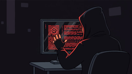 A cloaked figure in a dark room interacts with a glowing red screen showing data and code, cybersecurity theme